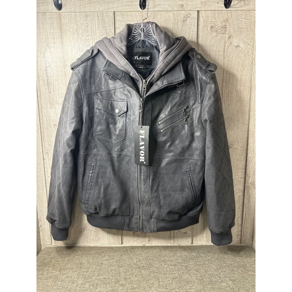 Mens Large Flavor Pigskin Leather Motorcycle Jacket Gray w/ Detachable Hood